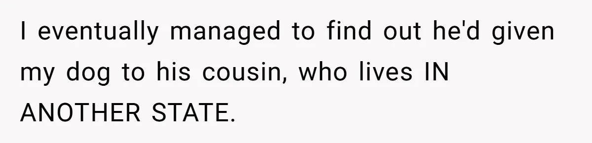 I eventually managed to find out he'd given my dog to his cousin, who lives IN ANOTHER STATE.