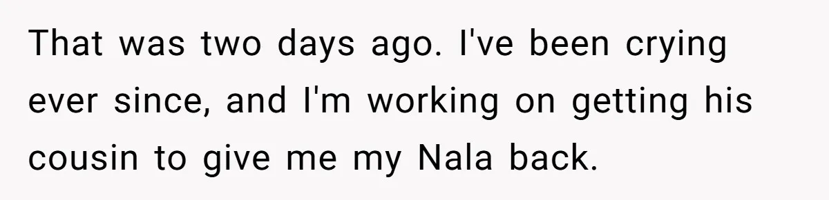 That was two days ago. I've been crying ever since, and I'm working on getting his cousin to give me my Nala back.