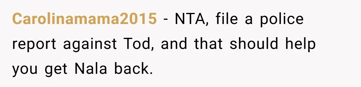 Carolinamama2015 − NTA, file a police report against Tod, and that should help you get Nala back.