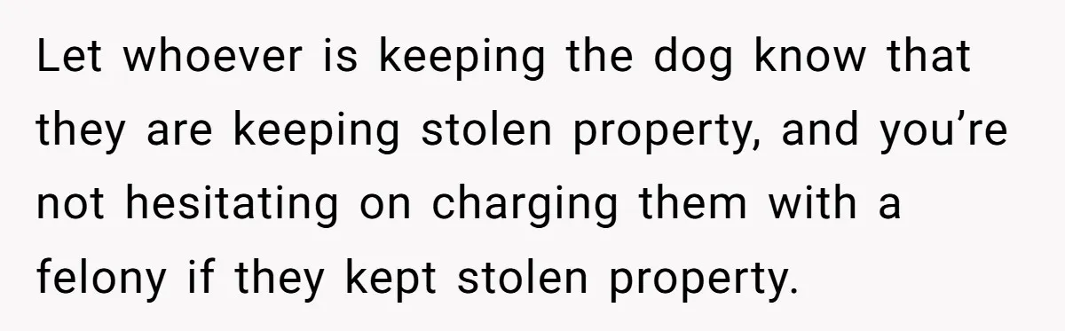 Let whoever is keeping the dog know that they are keeping stolen property, and you’re not hesitating on charging them with a felony if they kept stolen property.