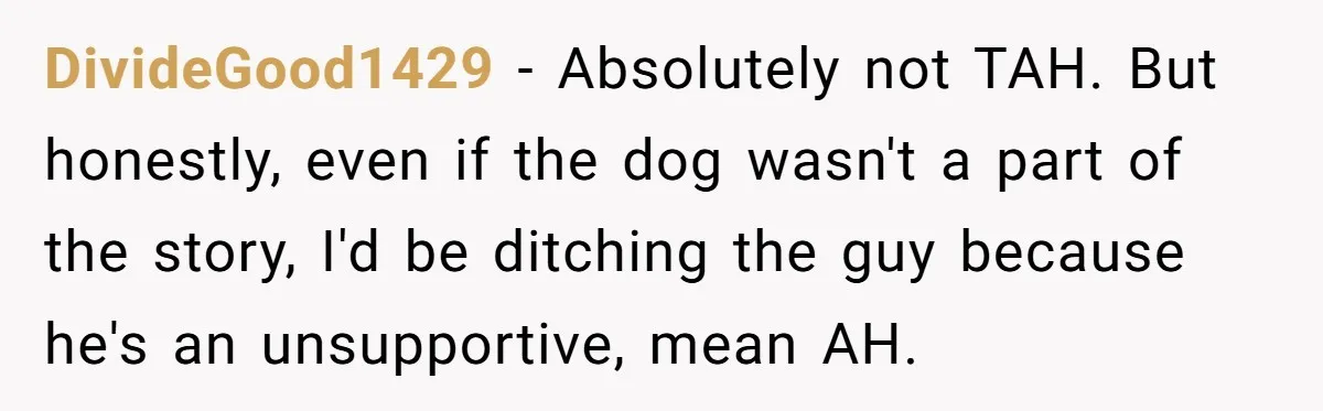 DivideGood1429 − Absolutely not TAH. But honestly, even if the dog wasn't a part of the story, I'd be ditching the guy because he's an unsupportive, mean AH.