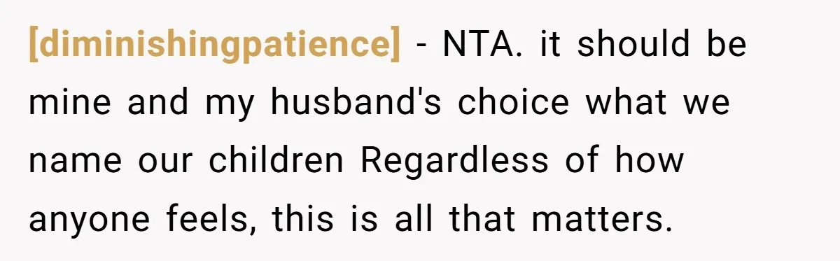 [diminishingpatience] − NTA. it should be mine and my husband's choice what we name our children Regardless of how anyone feels, this is all that matters.