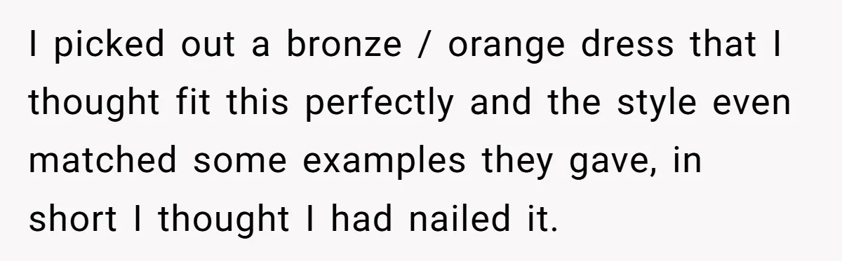 I picked out a bronze / orange dress that I thought fit this perfectly and the style even matched some examples they gave, in short I thought I had nailed...