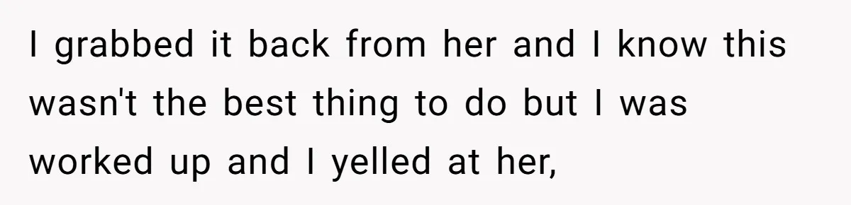 I grabbed it back from her and I know this wasn't the best thing to do but I was worked up and I yelled at her,