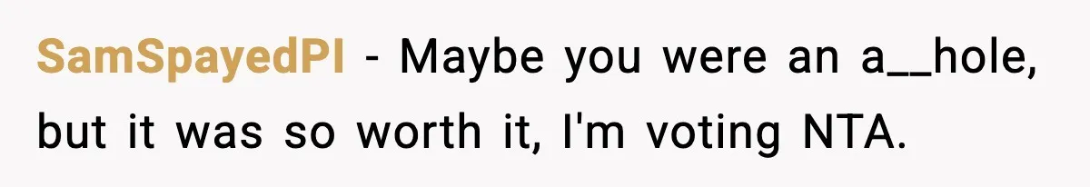SamSpayedPI − Maybe you were an a__hole, but it was so worth it, I'm voting NTA.