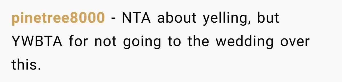 pinetree8000 − NTA about yelling, but YWBTA for not going to the wedding over this.