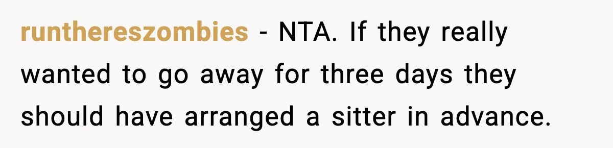 runthereszombies − NTA. If they really wanted to go away for three days they should have arranged a sitter in advance.