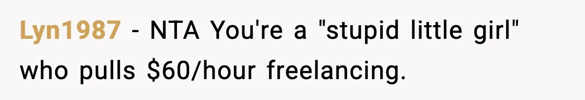 Lyn1987 − NTA You're a "stupid little girl" who pulls $60/hour freelancing.