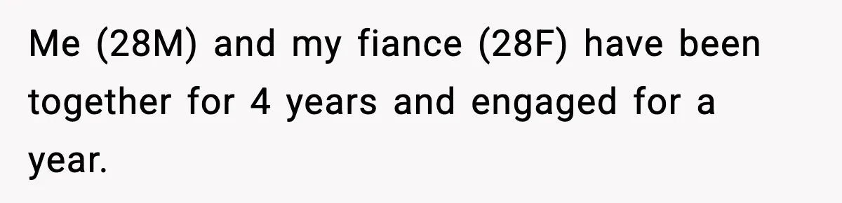 Me (28M) and my fiance (28F) have been together for 4 years and engaged for a year.