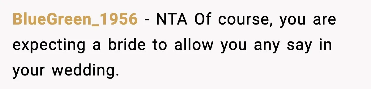 BlueGreen_1956 − NTA Of course, you are expecting a bride to allow you any say in your wedding.