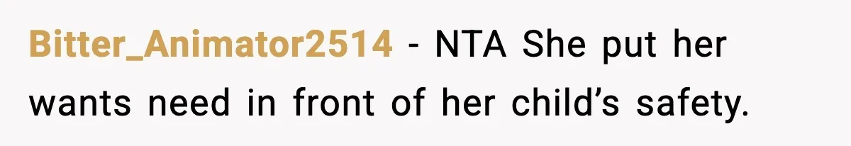 Bitter_Animator2514 − NTA She put her wants need in front of her child’s safety.