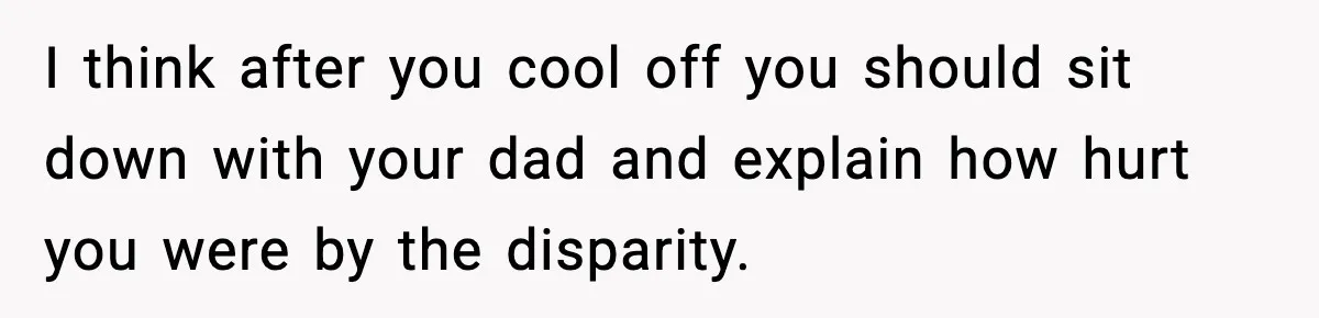 I think after you cool off you should sit down with your dad and explain how hurt you were by the disparity.