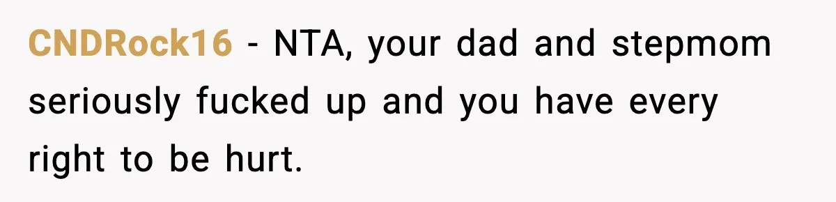 CNDRock16 − NTA, your dad and stepmom seriously fucked up and you have every right to be hurt.