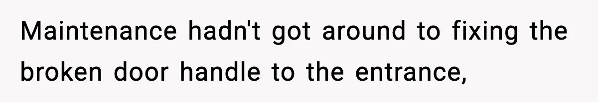 Maintenance hadn't got around to fixing the broken door handle to the entrance,