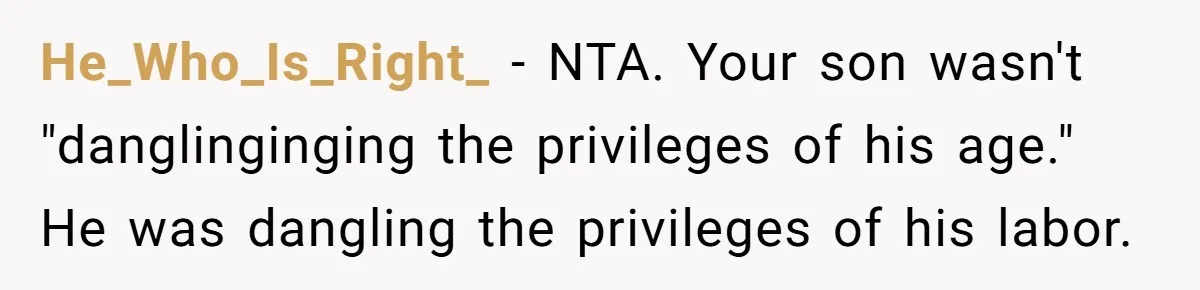 Eldest Brother Refuses To Share His Restaurant Leftovers With 11-Year-Old Sister After A Petty Reason He_Who_Is_Right_ − NTA. Your son wasn't "danglinginging the privileges of his age." He was dangling the privileges of his labor.