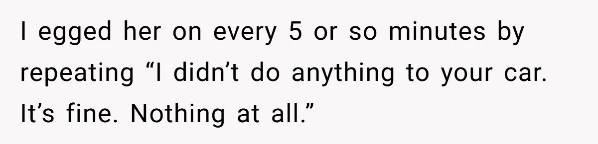 I egged her on every 5 or so minutes by repeating “I didn’t do anything to your car. It’s fine. Nothing at all.”