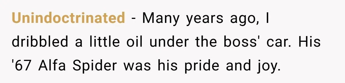 Unindoctrinated − Many years ago, I dribbled a little oil under the boss' car. His '67 Alfa Spider was his pride and joy.