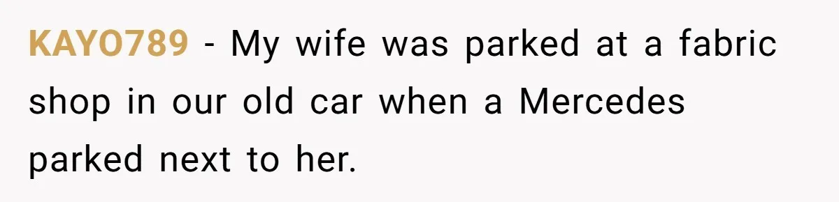 KAYO789 − My wife was parked at a fabric shop in our old car when a Mercedes parked next to her.