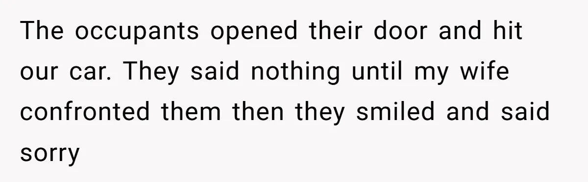 The occupants opened their door and hit our car. They said nothing until my wife confronted them then they smiled and said sorry