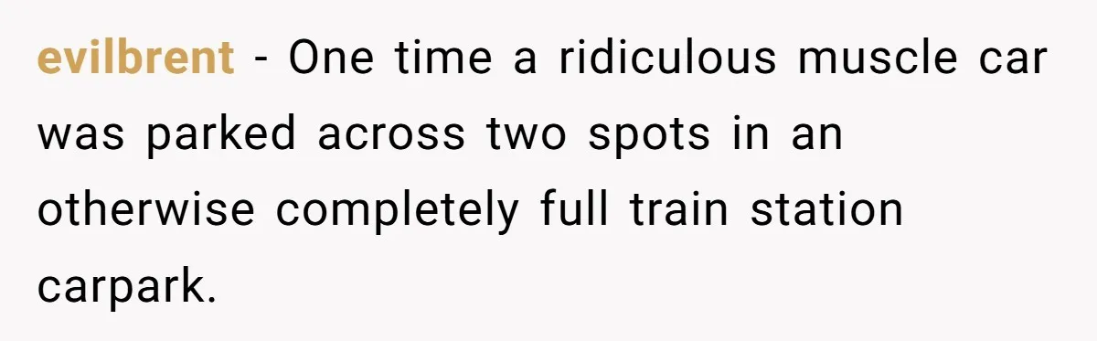 evilbrent − One time a ridiculous muscle car was parked across two spots in an otherwise completely full train station carpark.