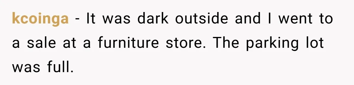 kcoinga − It was dark outside and I went to a sale at a furniture store. The parking lot was full.