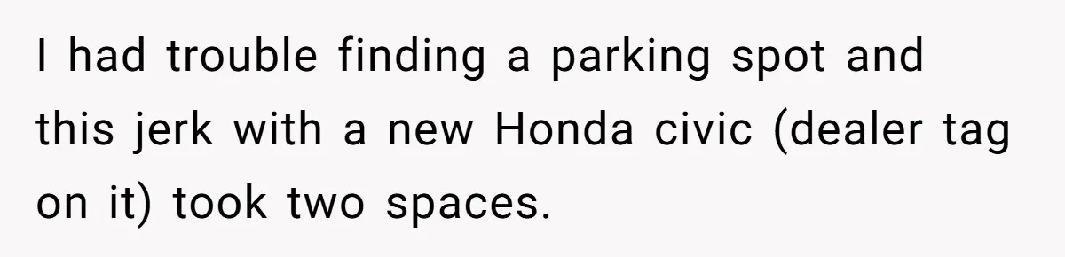 I had trouble finding a parking spot and this jerk with a new Honda civic (dealer tag on it) took two spaces.