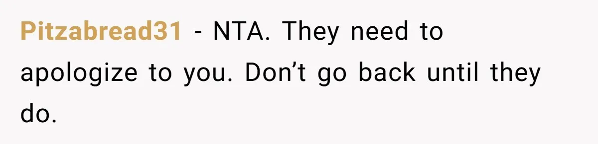 Pitzabread31 − NTA. They need to apologize to you. Don’t go back until they do.