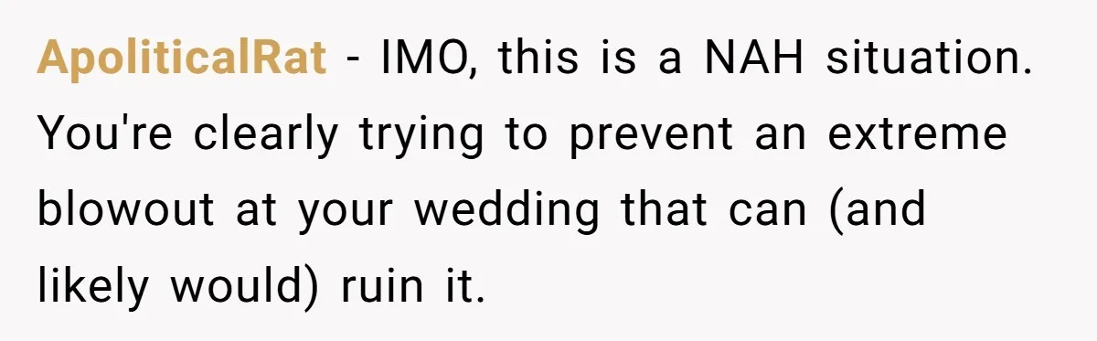ApoliticalRat − IMO, this is a NAH situation. You're clearly trying to prevent an extreme blowout at your wedding that can (and likely would) ruin it.