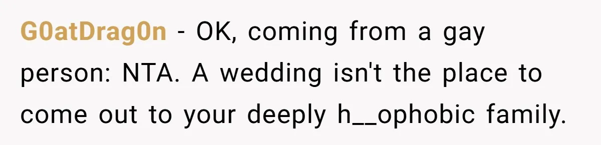 G0atDrag0n − OK, coming from a gay person: NTA. A wedding isn't the place to come out to your deeply h__ophobic family.