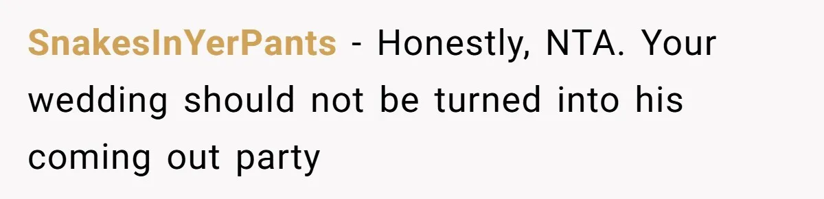 SnakesInYerPants − Honestly, NTA. Your wedding should not be turned into his coming out party