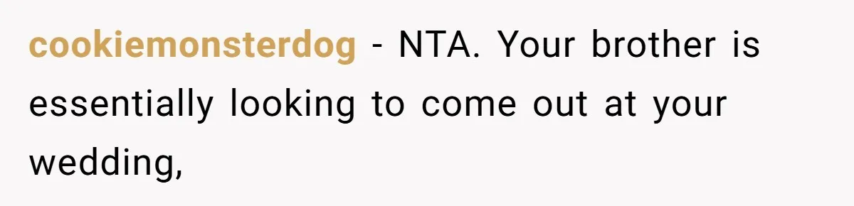 cookiemonsterdog − NTA. Your brother is essentially looking to come out at your wedding,
