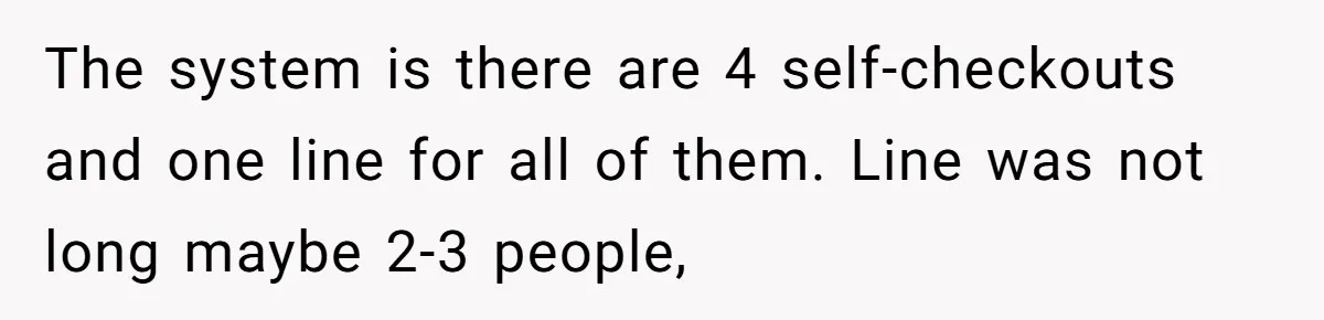 The system is there are 4 self-checkouts and one line for all of them. Line was not long maybe 2-3 people,