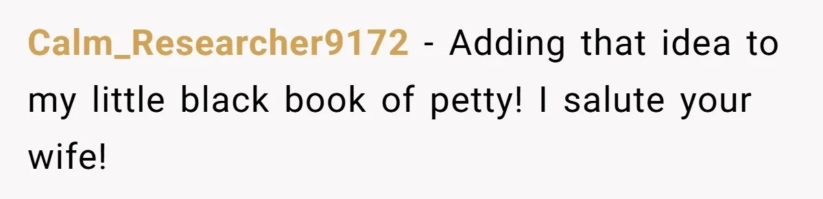 Calm_Researcher9172 − Adding that idea to my little black book of petty! I salute your wife!