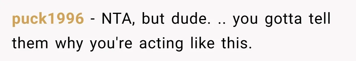 puck1996 − NTA, but dude. .. you gotta tell them why you're acting like this.