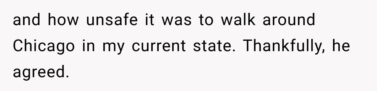 and how unsafe it was to walk around Chicago in my current state. Thankfully, he agreed.