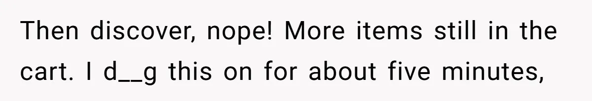 Then discover, nope! More items still in the cart. I d__g this on for about five minutes,