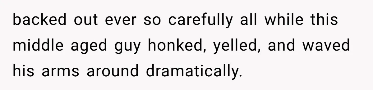 backed out ever so carefully all while this middle aged guy honked, yelled, and waved his arms around dramatically.