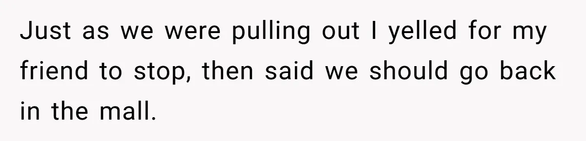 Just as we were pulling out I yelled for my friend to stop, then said we should go back in the mall.