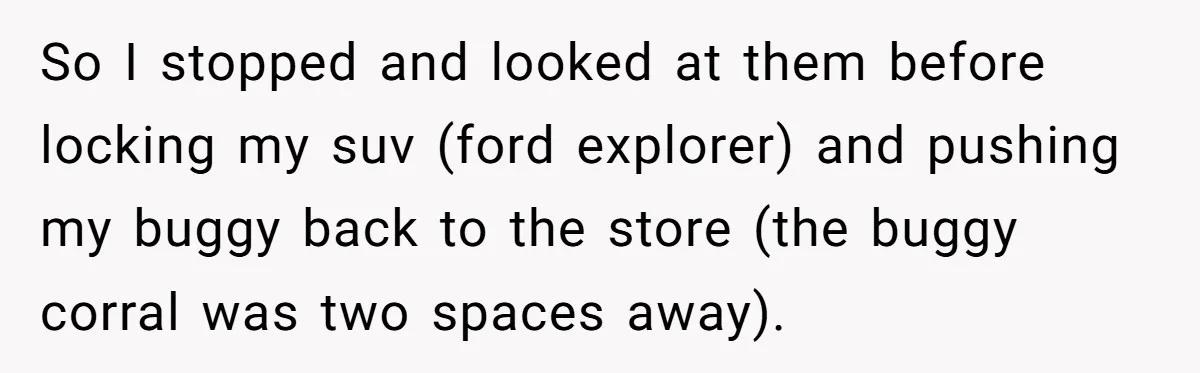 So I stopped and looked at them before locking my suv (ford explorer) and pushing my buggy back to the store (the buggy corral was two spaces away).