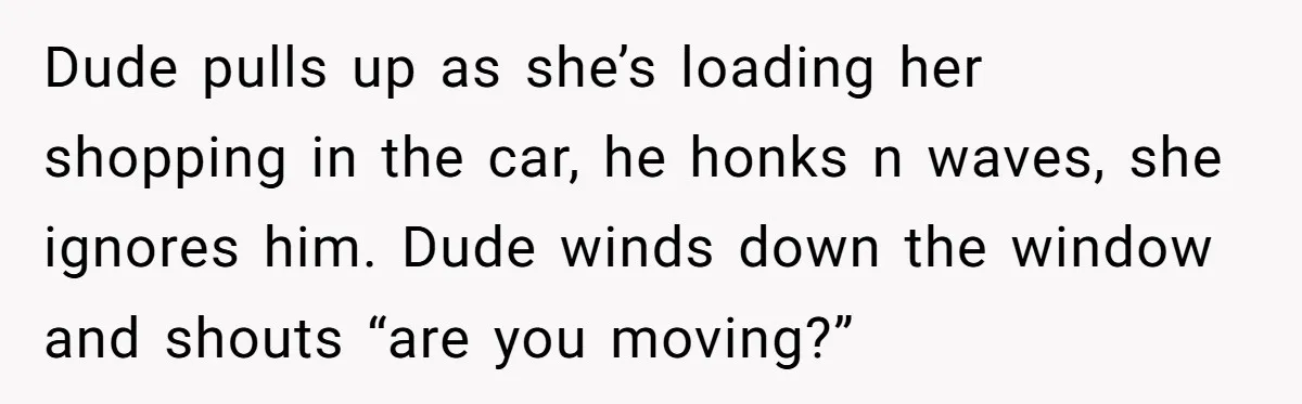 Dude pulls up as she’s loading her shopping in the car, he honks n waves, she ignores him. Dude winds down the window and shouts “are you moving?”