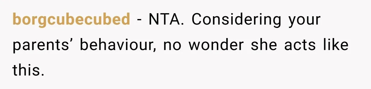 borgcubecubed − NTA. Considering your parents’ behaviour, no wonder she acts like this.