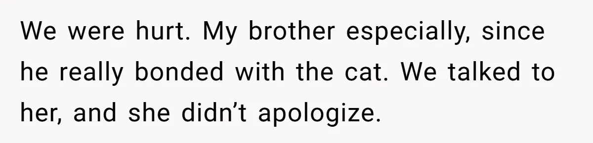 We were hurt. My brother especially, since he really bonded with the cat. We talked to her, and she didn’t apologize.