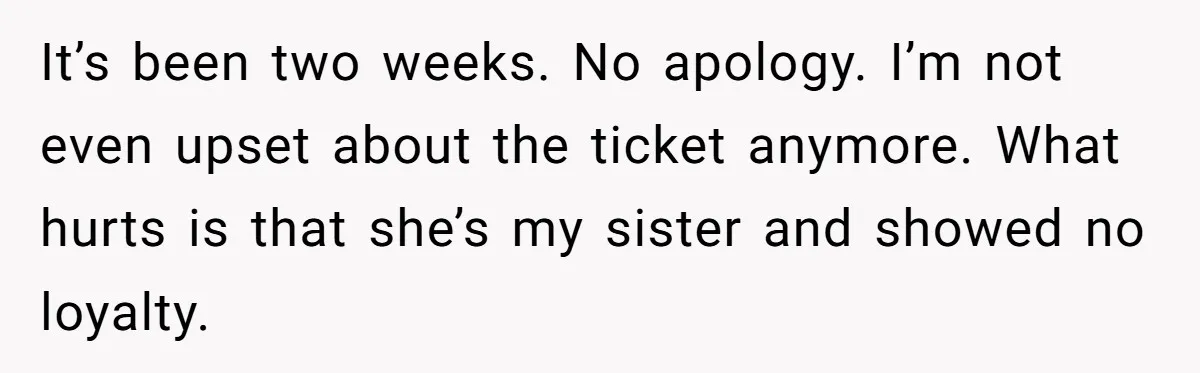 It’s been two weeks. No apology. I’m not even upset about the ticket anymore. What hurts is that she’s my sister and showed no loyalty.