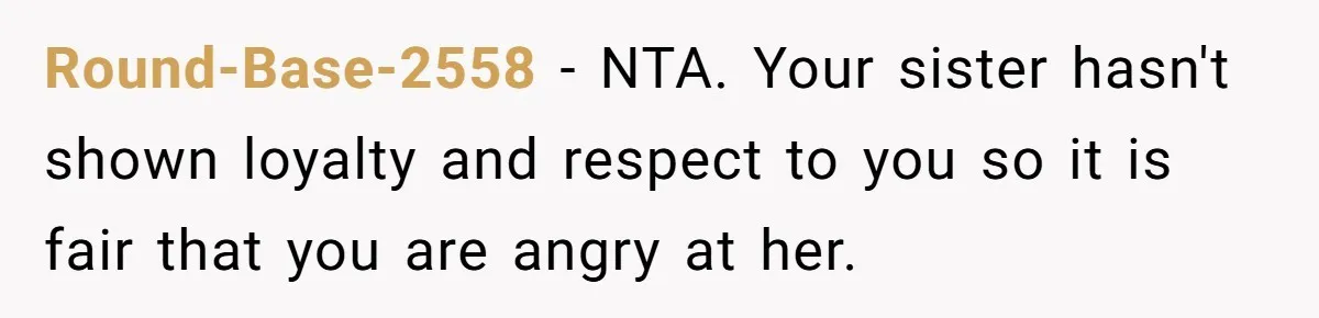 Round-Base-2558 − NTA. Your sister hasn't shown loyalty and respect to you so it is fair that you are angry at her.