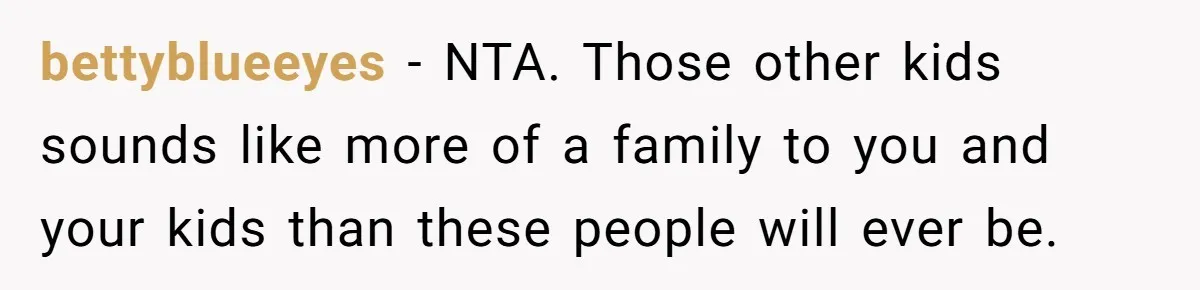 bettyblueeyes − NTA. Those other kids sounds like more of a family to you and your kids than these people will ever be.