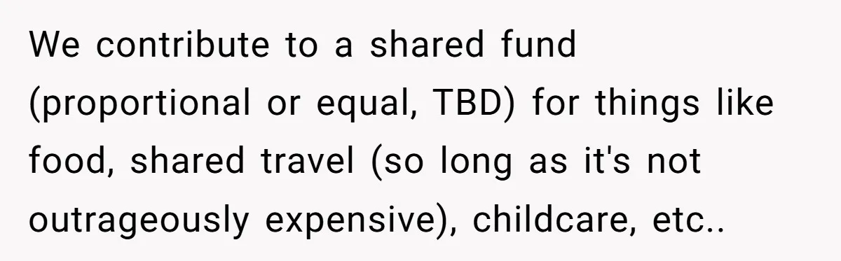 We contribute to a shared fund (proportional or equal, TBD) for things like food, shared travel (so long as it's not outrageously expensive), childcare, etc..