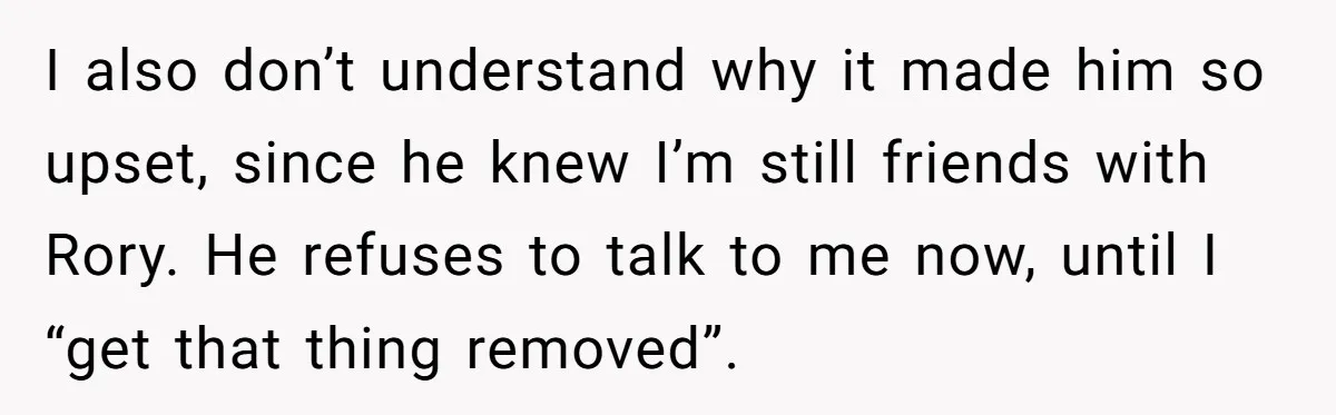 I also don’t understand why it made him so upset, since he knew I’m still friends with Rory. He refuses to talk to me now, until I “get that thing...