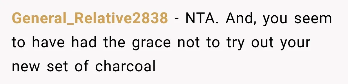 General_Relative2838 − NTA. And, you seem to have had the grace not to try out your new set of charcoal