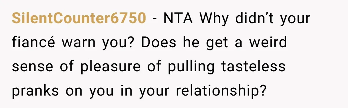 SilentCounter6750 − NTA Why didn’t your fiancé warn you? Does he get a weird sense of pleasure of pulling tasteless pranks on you in your relationship?