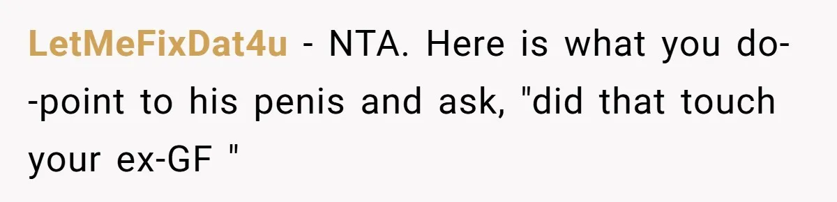 LetMeFixDat4u − NTA. Here is what you do--point to his penis and ask, "did that touch your ex-GF "